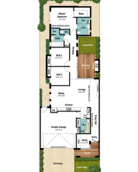 Narrow lot floor plans don't have to be small & boring. This impressive floor plan features a grand entry hall which is filled with natural light. Clerestory windows also invite an abundance of light in to the open living areas which feature extra-high ceilings. The New York apartment styled living areas have direct access to the small court & alfresco area. Narrow Homes, Narrow House Designs, Narrow House Plans, Narrow Lot House, House Plans Ideas, Grand Entry, Narrow Lot House Plans, Layout Plan, Free House Plans