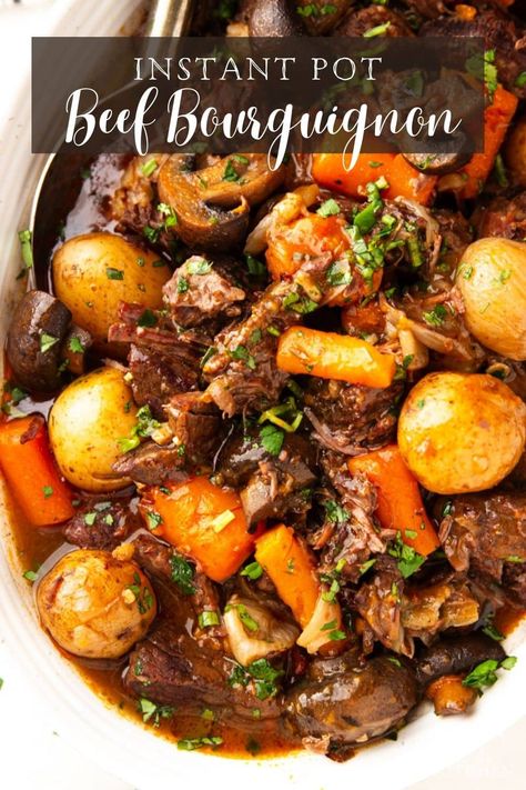 Tender chunks of melt-in-your-mouth beef simmered in a red wine sauce with fresh vegetables make this Instant Pot Beef Bourguignon irresistibly good. Instant Pot Beef Bourguignon, French Beef Stew, Beef Bourguignon Recipe, Classic French Dishes, Pot Beef Stew, Slow Cooker Beef Stew, Beef Bourguignon, Mashed Potato Recipes, Navy Wife