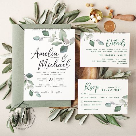 Sage Green wedding invitation template, Insta Greenery Wedding Invites, Green Wedding Invitation Template, Eucalyptus Garden, Garden Wedding Invitation, Ivory Wedding Invitations, Simple Wedding Cards, Diy Wedding Invitations Templates, Garden Wedding Invitations, Affordable Wedding Invitations