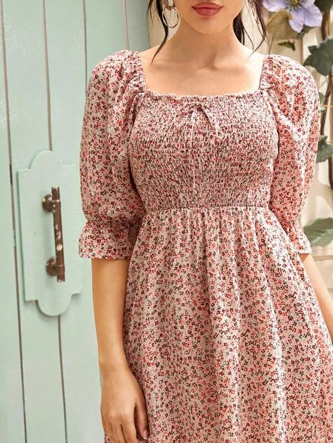 Ditsy Floral Square Neck Shirred Bodice Chiffon Dress | SHEIN Chiffon Dress Indian, Chiffon Dress Design, Floral Dress Shein, Square Neck Design, Short Frocks, Simple Frock Design, Simple Frocks, Frock Patterns, Ditsy Floral Dress