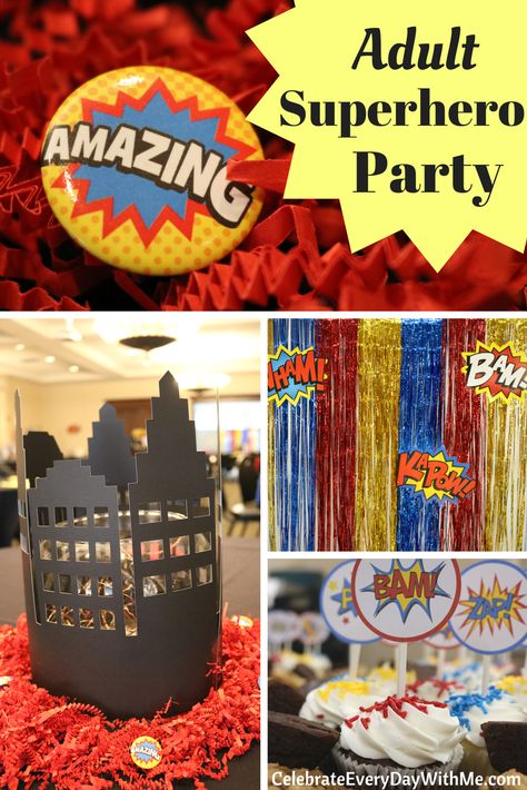 Comic Birthday Party Ideas, Superhero Games For Adults, Superhero Party For Adults, Marvel Graduation Party, Adult Superhero Party, Superhero Party Ideas, Superhero Themed Party, Superhero Party Decorations, Elks Lodge