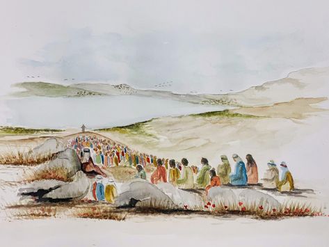 This is a watercolor printed on linen paper of the Sermon on the Mount. Located on the lake of Galilee. Note the flowers of the field, as well the birds of the air. Also, a city set on a hill that can be seen from anywhere around the lake. Jesus used references that were clearly visible and all around him when he taught. His desire was that people would be challenged and understand to whom they belonged. Please contact me for other size variations. The Sermon On The Mount, Sermon On The Mount, Pictures Of Christ, Lds Art, Jesus Christ Art, Christian Artwork, Jesus Painting, Biblical Art, Springfield Mo