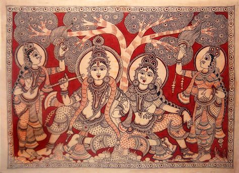 Divine Lovers: Radha Krishna Kalamkari Radha Krishna, Radha Krishna Kalamkari Painting, Kalam Kari, Kalamkari Art, Folk Art Paintings, Kalamkari Designs, Chinese Drawings, Kerala Mural Painting, Kalamkari Painting