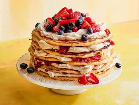 Pancake Cake with Berries Jeff Mauro, Light And Fluffy Pancakes, Pancake Cake, Dry Measuring Cups, Mothers Day Breakfast, Berries Recipes, Dessert Dishes, Breakfast Treats, Pancake Recipe