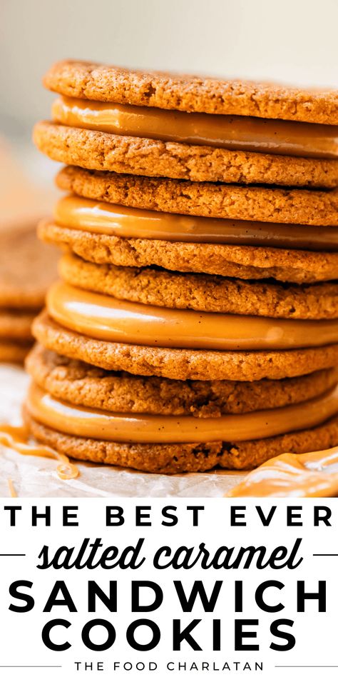 Sandwich Cookie Recipes, Caramel Sandwich Cookies, Salted Caramel Cookie, Keto Cereal, The Food Charlatan, Salted Caramel Cookies, Caramel Filling, Food Charlatan, Sandwich Fillings