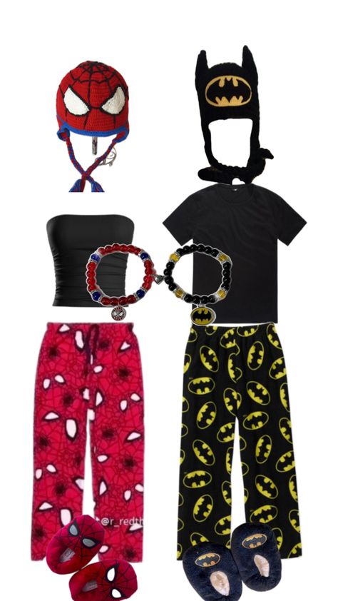 Spiderman girlfriend outfit and Batman boyfriend outfit matching pajamas with bracelets,hats,and slippers Spiderman Girlfriend, Spiderman And Batman, Batman And Spiderman, Batman Outfits, Batman Spiderman, Boyfriend Outfit, Pajama Outfit, Matching Pajama, Outfit Matching