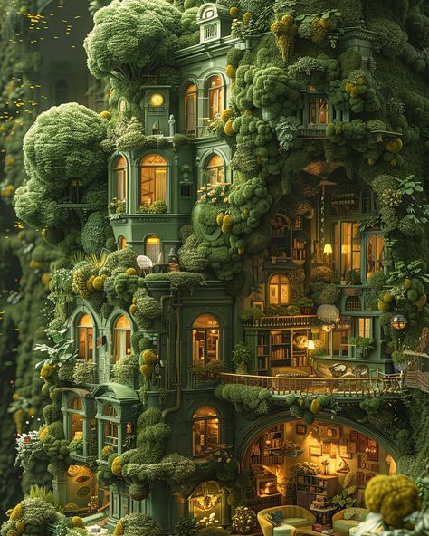 Gothic Surrealism Art, Fairy Architecture, Fairytale House Interior, Forest House Aesthetic, Fantasy Guild, Surreal Architecture, Wooden Library, Dark Academia Home, Enchanted Castles