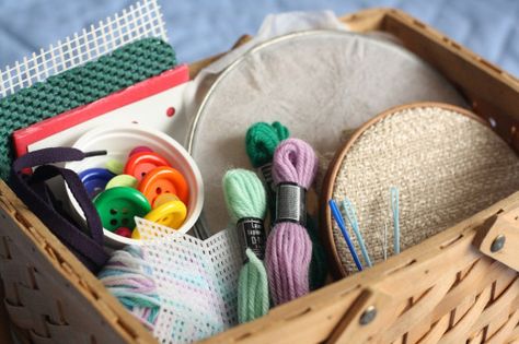 have a sewing basket with embroidery hoops and light hessian, embroidery wools/cottons ready threaded and buttons etc to sew on Sewing Kits Diy, Sewing Kit Box, Kids Sewing Kit, Little Dorrit, Trendy Sewing Patterns, Sewing Projects Clothes, Sewing Basket, Trendy Sewing, Sewing Projects For Kids