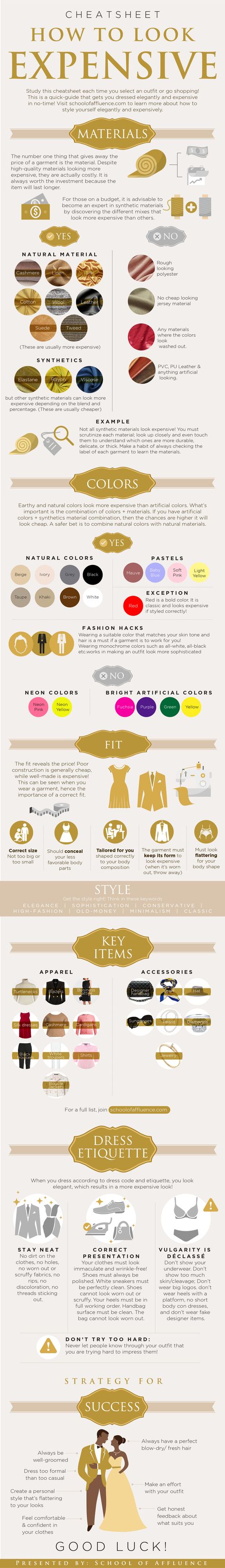 How to look expensive & classy - cheat sheet School Of Affluence, Anna Bey, Look Working Girl, How To Look Expensive, Etiquette And Manners, Look Expensive, Fashion Vocabulary, Fashion Hacks Clothes, Cheat Sheet