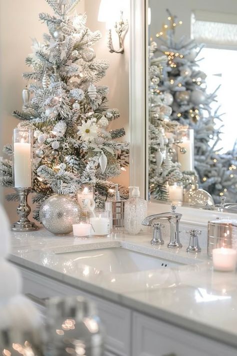 Winter Wonderland Bathroom, Christmas Bathroom Decor Ideas, Christmas Binder, Disco Christmas, Christmas Tea Party, Teal Christmas, Glam Christmas Decor, Silver Christmas Decorations, Christmas Bathroom Decor