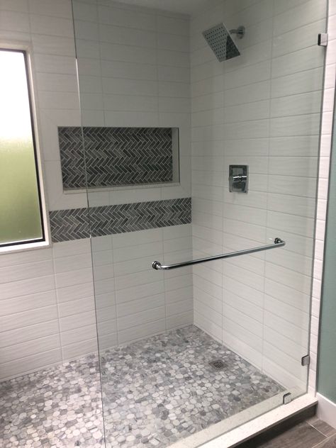 Subway Tile And Pebble Floor, White Pebble Shower Floor, Pebble Shower, Pebble Shower Floor, Tahoe House, Seattle Interior Design, Pebble Floor, Big Splash, White Subway Tiles