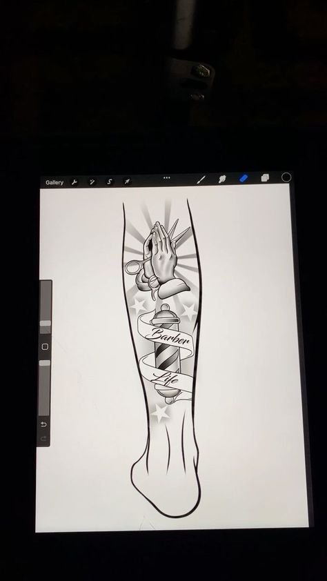 Barber Tattoo Idea 😮‍💨 • • • • #tattooideas #tattoodesign #procreate #ipadart #barbertattoo #barberlife | Inkbydomo | Gunna · fukumean Barber Hand Tattoo, Barber Tattoo Ideas, Barber Tattoo, Half Sleeve Tattoos Drawings, Stylist Tattoos, Arm Tattoos, Ipad Art, Barber Life, Half Sleeve Tattoo