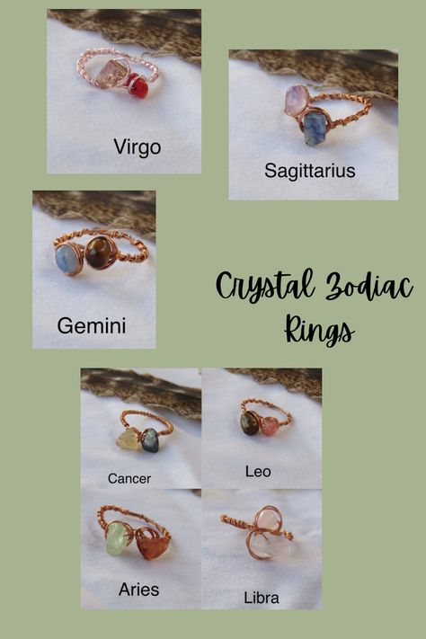 Zodiac Sign Wire Jewelry, Gold Zodiac Sign Rings As Gift, Sterling Silver Zodiac Sign Jewelry Gift, Crystal For Leo Zodiac, Zodiac Wire Rings, Gemini Ring, Crystal Wire Wrapped Ring, Virgo And Sagittarius, Aries And Libra