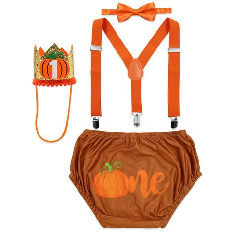 PRICES MAY VARY. ✥PUMPKIN THEME CAKE SMASH OUTFIT SET - Perfect cake smash outfit for that once in a lifetime! The package including 1pcs orange elastic Y-back clip-on suspenders, 1pcs orange bow tie, 1pcs brown diaper cover, and 1pcs glitter pumpkin theme crown hat. ✥ADJUSTABLE & ELASTIC SUSPENDERS - Our Y-back clip-on suspenders style, designed with 3 clips and 2 length adjusters, is easy to wear. The suspenders can be adjusted up to 25.5 inches. Please check the cake smash outfit Size Details Pumpkin Theme Cake, Pumpkin Smash Cake, Orange Suspenders, First Birthday Pumpkin, Orange Bow Tie, Fishing Outfit, Navy Blue Bow Tie, Birthday Pumpkin, Pumpkin Smash