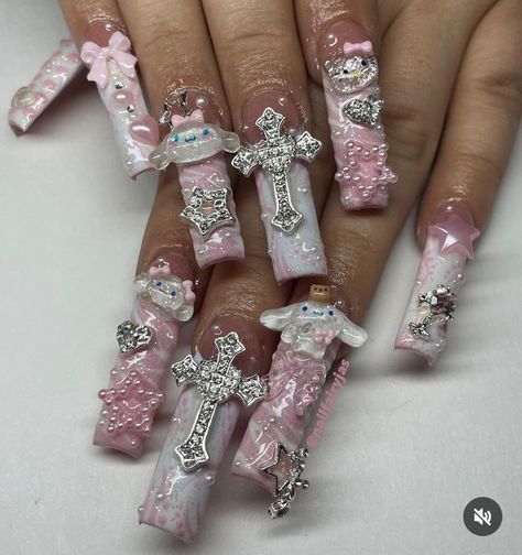 #nail #nails #nailart Pink Nails Kawaii, Kirby Nails, Sanrio Charms Nails, Long Sanrio Nails, Gyaru Nails Pink, Xxl Kawaii Nails, Gyaru Nails Charms, Nail Piercing, Long Square Nails