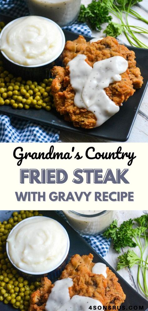 Country Style Steak And Gravy Recipes, Cube Steak White Gravy, Easy Country Fried Steak And Gravy, Ground Beef Country Fried Steak, Country Fried Pork Steak, Breakfast Steak Recipes Dinners, Country Home Cooked Meals, Country Style Dinner Recipes, Country Meal Ideas