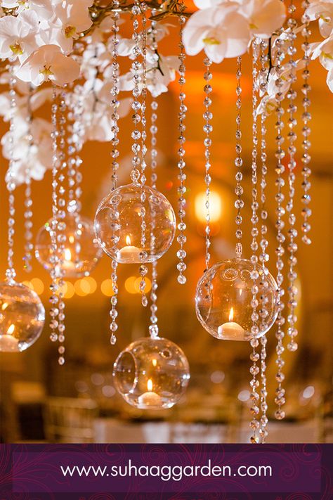 Hanging Orbs Decor, Hanging Tea Lights Wedding Centerpieces, Hanging Orbs Wedding, Hanging Candle Centerpieces, Hanging Globes Wedding Decor, Hanging Crystals Wedding, Hanging Spheres Wedding, Hanging Candles Wedding, Chandelier Hanging From Tree Wedding