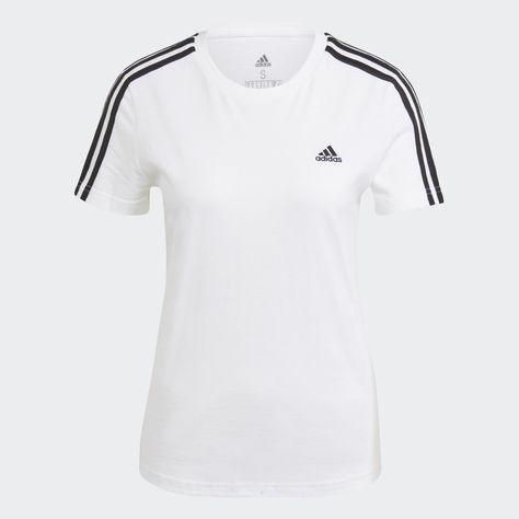 Shop for Essentials Slim 3-Stripes Tee - White at adidas.ca! See all the styles and colours of Essentials Slim 3-Stripes Tee - White at the official adidas online shop Canada. Adidas Sportswear, Minimalist Wardrobe, Adidas Shirt, Women Essentials, Adidas Tops, Tennis Skirt, Blue Adidas, Adidas Online, White Adidas