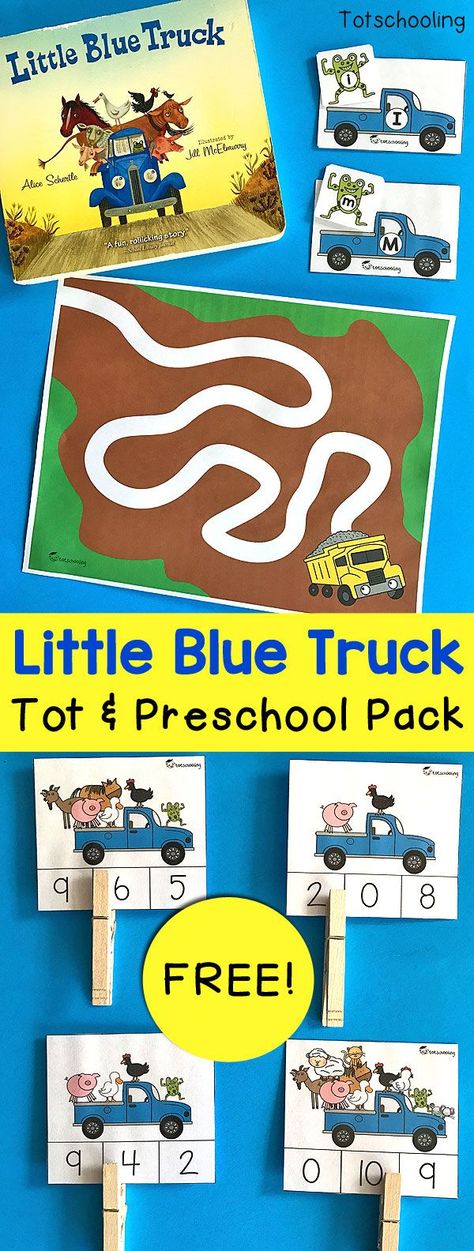 FREE Little Blue Truck printable learning pack for toddlers and preschoolers to go along with the popular board book. Practice math and literacy skills with alphabet matching activity, counting clip cards, prewriting sheets and coloring pages! Truck Activities, Printables Organizational, Preschoolers Activities, Counting Clip Cards, Little Blue Truck, Truck Crafts, Learning Preschool, Transportation Preschool, Farm Preschool