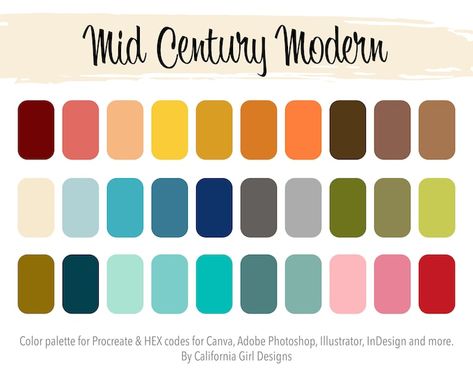 Mid Century Modern Color Palette, Mid Century Colors, Mid Century Modern Colors, House Color Palettes, Modern Color Palette, Hex Codes, Adobe Creative, Mid Century Modern Design