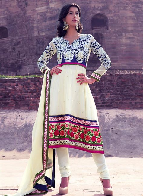 Pleasing Cream Viscose Churidar Suit : Cbazaar White Georgette Anarkali, Anarkali Churidar, White Anarkali, Buy Designer Sarees Online, Latest Salwar Suits, Georgette Anarkali, Designer Salwar Kameez, Churidar Suits, Gaun Fashion