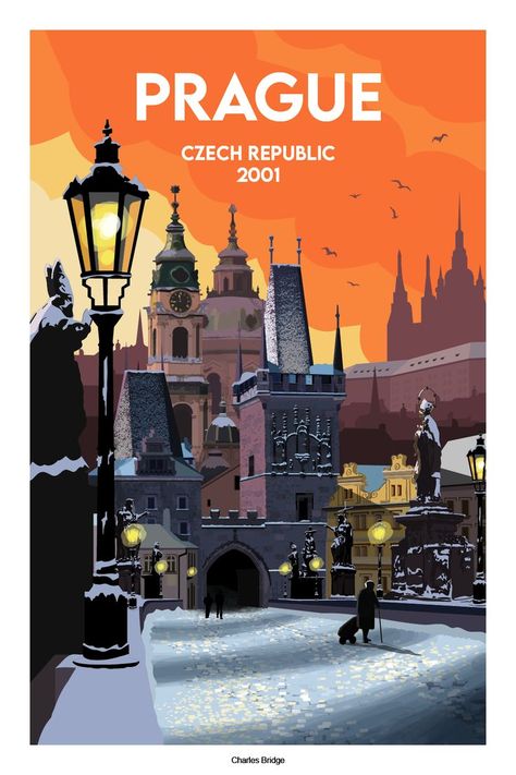 Prague Illustration, Czech Republic Travel, Charles Bridge, Travel Globe, Old Advertisements, Prague Czech Republic, Travel Souvenirs, City Prints, Travel Poster