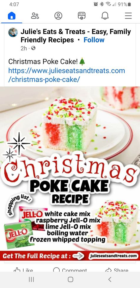 Jello Poke Cake Recipe, Holiday Dessert Drinks, Jello Poke Cake, Poke Cake Jello, Homemade White Cakes, Christmas Jello, Poke Cake Recipe, Christmas Cookie Recipes Holiday, Cake Mix Ingredients