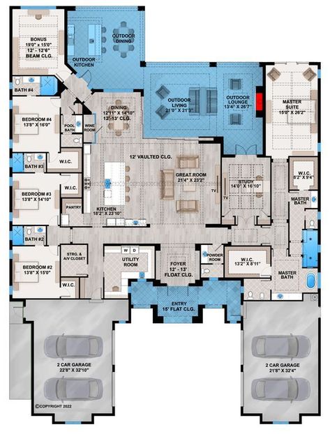 One-Level Coastal Mediterranean House Plan over 5,200 Square Feet with 4-Car Garage - 86108BW | Architectural Designs - House Plans Mediterranean Homes Floor Plans, House Plans Bloxburg, House Design Floor Plans, One Level House Plans, Multigenerational House Plans, Floorplan House, Multigenerational House, Coastal Mediterranean, Building Design Plan