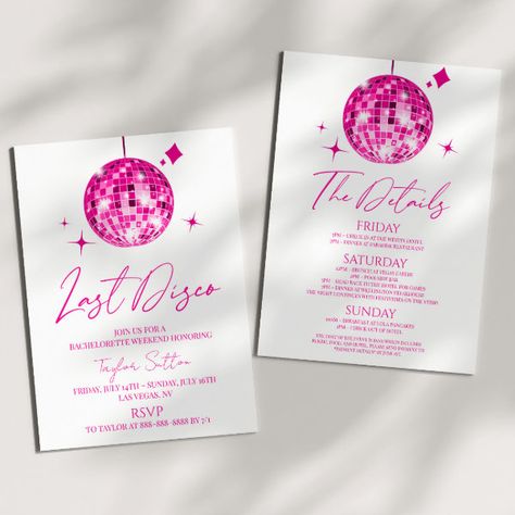 Disco Ball Last Disco Bachelorette Weekend Party Invitation Pink Disco Bachelorette Party, Pink Disco Bachelorette, Last Disco Bachelorette, Disco Bachelorette Party, Pink Disco Ball, Last Disco, Disco Bachelorette, Pink Disco, Bachelorette Party Weekend