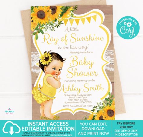 Excited to share this item from my #etsy shop: Editable Instant Access/Download Little Sunshine Sunflower Baby Shower Invitation Light Tone-BS070 Sunflower Baby Shower Invitations, Sunflower Baby Shower, Virtual Invitations, Sunflower Baby Showers, Mail Gifts, Teddy Bear Baby Shower, Shower Centerpieces, Printable Baby Shower Invitations, Gender Reveal Invitations