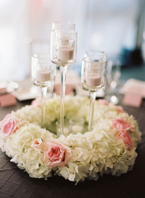 Floral Centerpiece - like the idea of a floral ring around  a center decor. Wedding Centerpieces Elegant Romantic, Centrepiece Ideas, Unique Wedding Centerpieces, Flowers And Candles, Elegant Wedding Centerpiece, Container Ideas, Big Board, Wedding Reception Centerpieces, Bridal Ideas