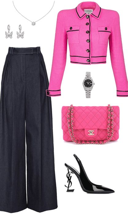 Channel Pink Outfit, Chanel Bag Outfit Aesthetic, Pink Chanel Outfit, Pink Chanel Outfit Aesthetic, Polyvore Outfits Classy, Pink Chanel Outfit Runway, Luxury Pink Fitted Cardigan, Successful Women Style, Theatre Outfit