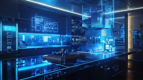 Futuristic #laboratory interior: A modern #futuristic laboratory featuring advanced #holographic interfaces and illuminated #blue displays in a sleek, #hightech environment. #futuretech #aiart #aiphoto #stockcake ⬇️ Download and 📝 Prompt 👉 https://stockcake.com/i/futuristic-laboratory-interior_1125743_421386 Laboratory Interior, Futuristic Laboratory, Futuristic Kitchen, Islamic Music, Laboratory Design, Modern Futuristic, Kitchen Tech, Tech Background, Future Tech