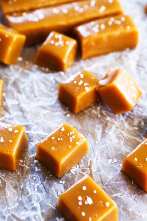 Salted Maple Bourbon Caramels Recipe - Pip and Ebby Boozy Candy, Bourbon Party, Caramels Recipe, Chocolate Puff, Bourbon Caramels, Maple Candy, Maple Bourbon, Apple Cider Caramels, Product Photoshoot