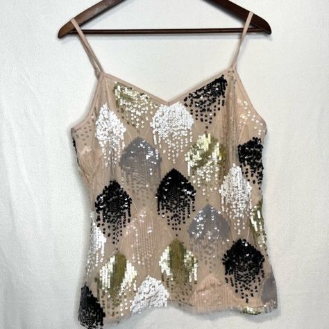 Anthropologie Eva Franco Josette Sequins Tank Top Nwt Size Small Black, Silver & Gold Sequined Detailing 100% Polyester Side Zipper On Tank Top Adjustable Straps Length Approximately 24.5" Armpit To Armpit Approximately 18" Turquoise Pattern, Embroidery Top, Sequin Tank, White Halter Maxi Dress, Sequin Tank Tops, Ruffled Sleeve Top, Pink Sequin, Pink Tank Top, Vintage Skirt