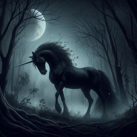 Black Unicorn Fantasy Art, Wolves Photography, Evil Unicorn, Dark Unicorn, Pegasus Art, Witch Wallpaper, Majestic Unicorn, Magical Horses, Silver Falls