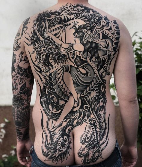 Tradional Back Tattoo, Large Traditional Back Tattoo, American Traditional Back Tattoo Men, American Traditional Backpiece, Japanese Traditional Back Piece, Traditional Style Back Tattoos, Traditional Backpiece Tattoo, Trad Back Tattoo, Japanese Traditional Back Tattoo