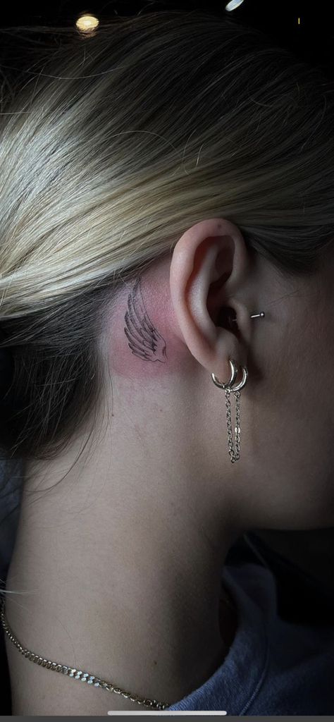 Wings Tattoo Behind Ear, Ear Wing Tattoo, Behind Ear Wing Tattoo, Faith Ear Tattoo, Wing Ear Tattoo, Angel Wings Tattoo Ear, Behind The Ear Tattoo Angel Wing, Angle Wing Behind Ear Tattoo, Angel Wings Behind Ear Tattoo