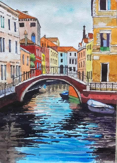 Europe Art Paintings, Italy City Drawing, Italy Buildings Drawing, Watercolour Street Scenes, Italian Buildings Drawing, Spain Painting Easy, Landscape City Drawing, Travel Painting Ideas, Italy Watercolor Paintings