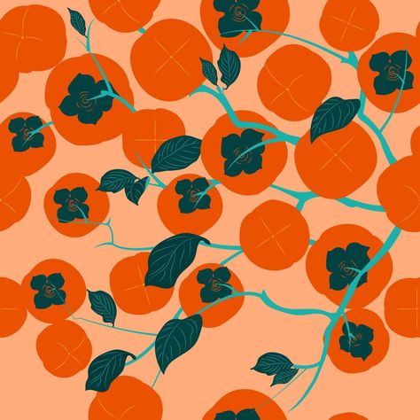 Seamless pattern. Colorful fruit pattern of fresh whole and sliced persimmon fruits. Vector illustration Persimmon Botanical Illustration, Persimmon Illustration, Fruits Vector, Persimmon Fruit, Fruit Vector, Fruit Illustration, Fabric Prints, Colorful Fruit, Fruit Pattern