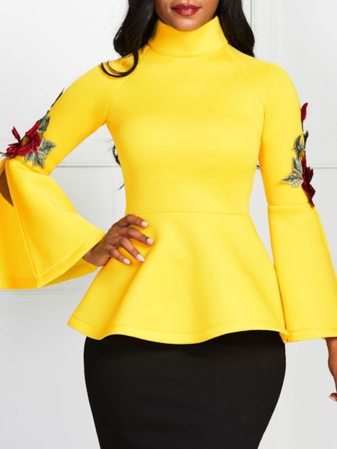 Appliques Floral Standard Women's Blouse Slim Blouse, Yellow Tops, Flare Long Sleeve, Blouse Models, Ladies Top, Women Blouse, Women Sleeve, African Wear, Cheap Wedding Dress