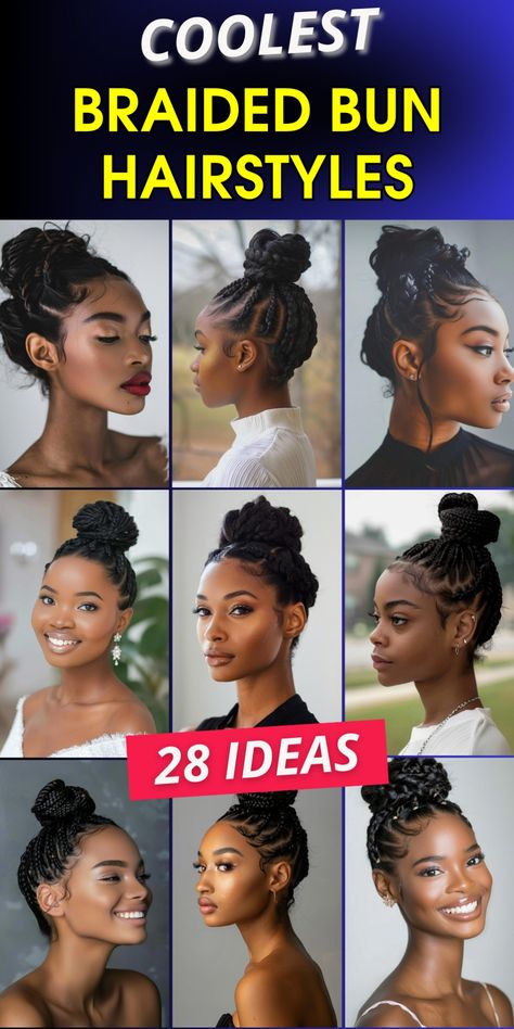 Elevate your hair game with 29 breathtaking braided bun hairstyles. These chic updos combine the intricate beauty of braids with the polished elegance of buns. From romantic crown braids to sleek low buns, discover a style for every occasion. Master the art of weaving and pinning to create flawless looks that last all day. Whether you're attending a wedding or spicing up your everyday style, these versatile hairstyles offer endless possibilities for self-expression and sophistication. Cornrow Hairstyles In A Bun, Braiding Bun Hairstyles, Formal Bun Hairstyles For Black Women, Braids Into A Bun Natural Hair, Braid Bun Styles For Black Hair, Bun Braids For Black Women, Boho Braids Bun, Braided Updo Hairstyles For Black Women, Natural Hairstyles With Weave