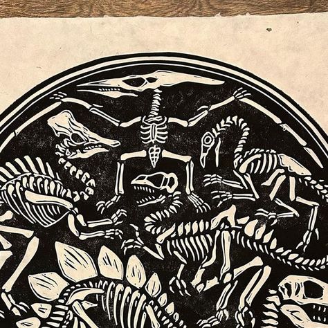 Brian Reedy on Instagram Trex Skeleton, Lino Printmaking, Linocut Inspiration, Dinosaur Skeletons, Printmaking Ideas, Diy Stamps, Dino Art, Skeleton Illustration, Linocut Printmaking