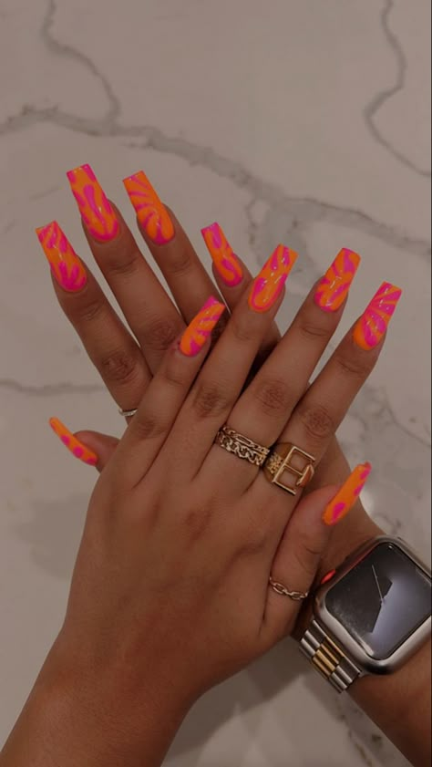 Summer Long Nail Ideas Pink, Orang And Pink Nail, Pink And Orange Acrylic Nails Designs, Summer Nails 2023 Orange And Pink, Nail Ideas Acrylic Orange, Pink Orange Acrylic Nails, Neon Nail Inspiration, Hot Pink And Orange Nail Designs, Summer Neon Acrylic Nails