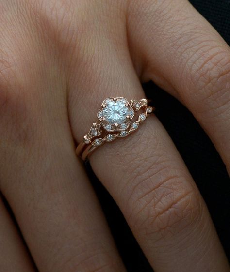 Vintage inspired moissanite halo engagement ring in rose gold | Etsy Vintage Moissanite Engagement Ring, Vintage Inspired Engagement Rings, Rose Gold Diamond Ring Engagement, Glamour Vintage, Engagement Rings Sale, Moissanite Engagement Ring Halo, Round Halo Engagement Rings, Flower Halo, Engagement Rings Vintage Halo