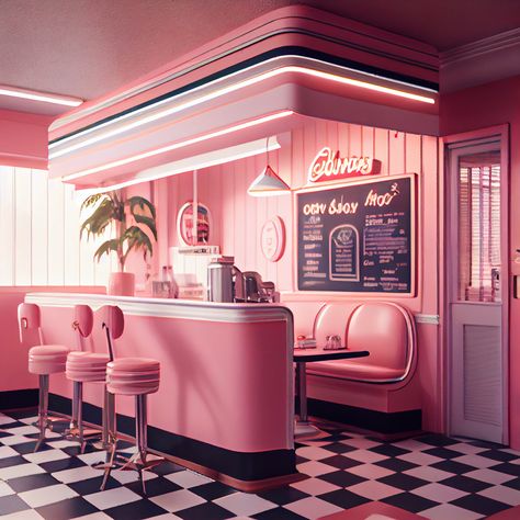 Created with Midjourney AI Pink Diner, Diner Interior, Luxury Bedroom Sets, Pink Bar, Retro Cafe, Online Interior Design Services, Design Circle, Retro Diner, American Diner