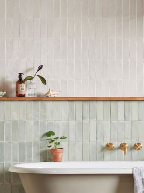 Zia Tile Zellige, Zellige Tile Small Bathroom, Glazed Tiles Bathroom, Zellige Bathtub, Glazed Porcelain Tile Bathroom, Bathroom Tile Shelf, Bathroom Zellige Tiles, Earth Tone Bathroom Tile, Ceramic Tile Showers Walk In