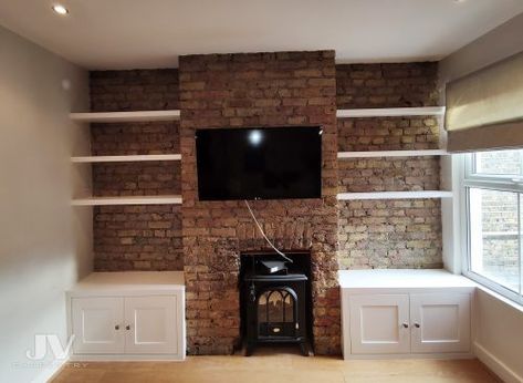 exposed-brick-alcove-shelving | JV Carpentry Brick Alcoves Living Room, Brick Fireplace Alcove Ideas, Brick Wall Shelving, Exposed Brick Chimney Living Rooms, Brick Wall Shelves, Lounge Shelving Ideas, Exposed Brick Fireplace Living Room, Exposed Brick Walls Living Room, Fireplace Alcove Ideas