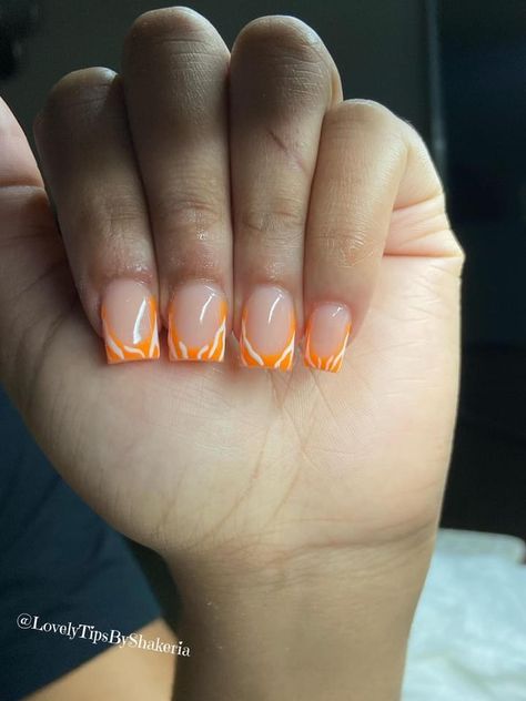 Orange Nails Short Acrylic, Short Short Acrylic Nails Square, Short Ombre Nails Square, Short Orange Acrylic Nails, Orange Frenchies, Orange Short Nails, Orange Nails Short, Short Orange Nails, Mum Nails