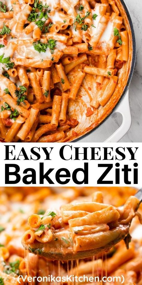 Baked ziti, topped with melted cheese in a white casserole dish. 3 Cheese Ziti Pasta, Ziti Recipes Stovetop, Cheesy Marinara Pasta, Skillet Baked Ziti, One Pot Cheesy Pasta, One Pot Baked Pasta, Stove Top Pasta Recipes, Stove Top Baked Ziti, One Pot Ziti